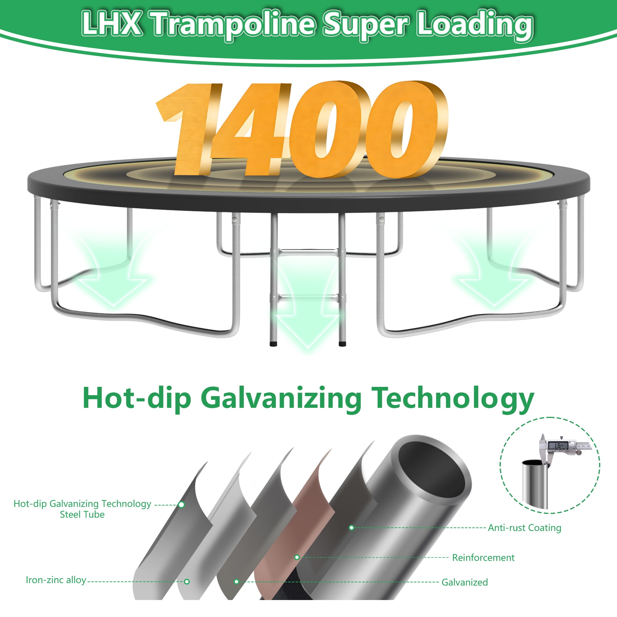 LHX Trampoline 14FT for Kids 12FT 16FT Outdoor Trampolines with Basketball Hoop, Safety Enclosure Net, Lights, Sprinklers, Socks, Recreational Heavy Duty Trampoline, 1400 LBS Loading, Easy to Install