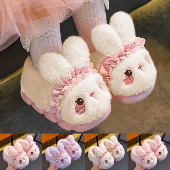 THDHVS Girls Slippers,Girls Bunny Print Slippers with Closed Heel Plush Fleece Lining and Non-Slip Sole for Cozy Indoor Wear and Playful Style Purple 3.5-4 Years