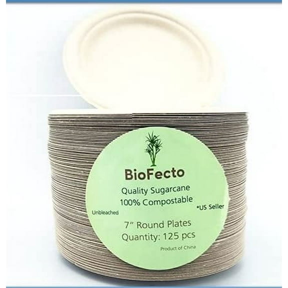 100% Compostable 7 inch Paper Plates 125-Pack Heavy-Duty, Biodegradable, Eco-Friendly Made of Sugarcane Fibers-Natural Plate