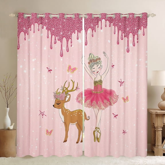 Homewish Kawaii Ballet Princess Black Out Curtains for Kids, Flower Deer Elk Curtains Pack of 2 (42x63 Each), Pink Sequin Print Bedroom Curtains, Curtains and Drapes Decor