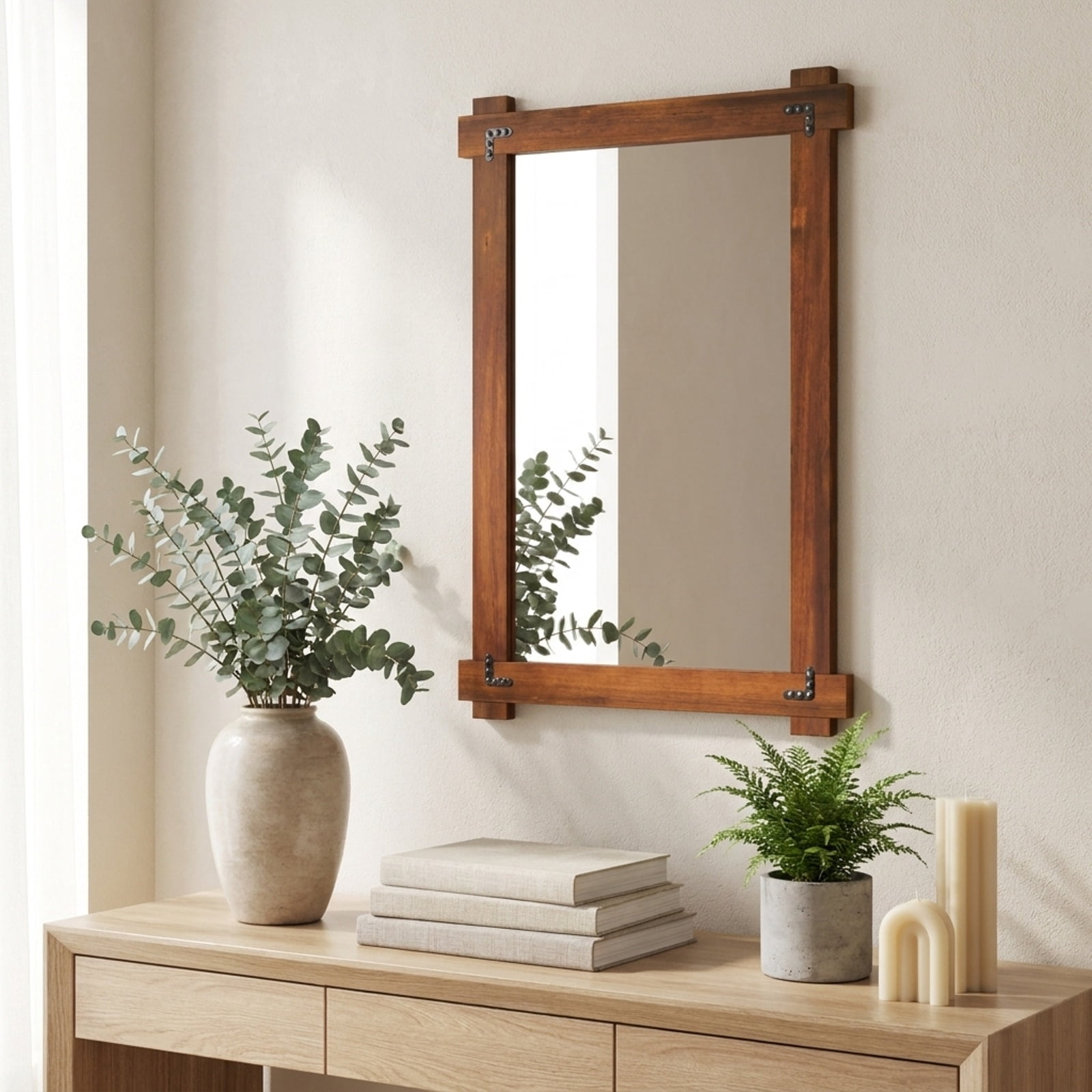 Vebreda Bathroom Wall Mirror, Wood Framed Mirror with Acacia Wood Frame and Vintage Rivet Design Brown, Ample Storage, Zero Clutter
