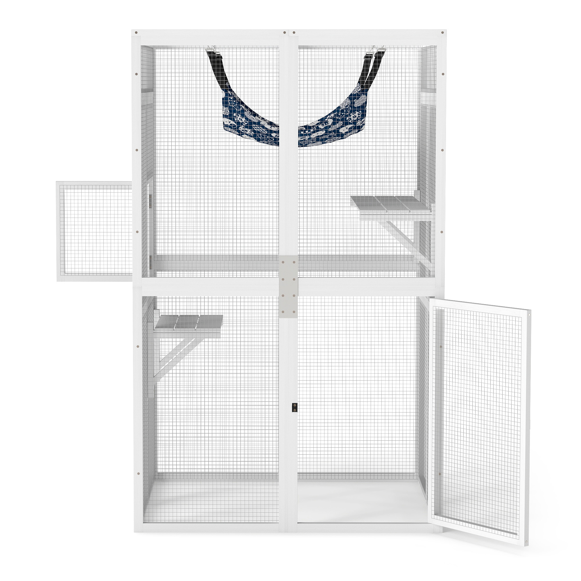 Pefilos 64" Cat House Outdoor Catio Cat Enclosures Wooden Kitty House with Platforms, Waterproof Roof, Hammock, White