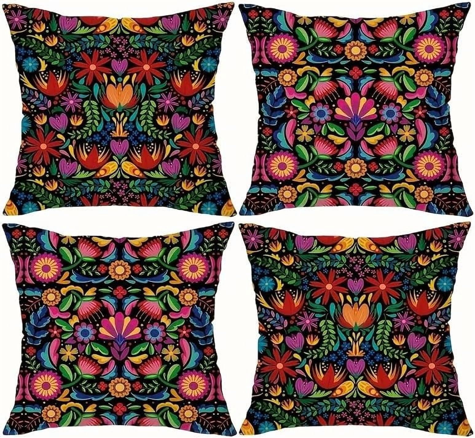 4pcs Mexican Fiesta Throw Pillow Covers,Set of 4 Dragonfly Flower Dahlia Pillow Cases Day of The Dead Dia De Los Muertos Cinco De Mayo Decorations, Short Plush Material 18x18 Pillows