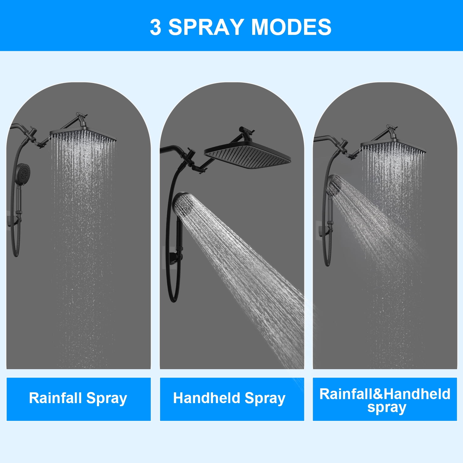 ARDIKAMA Dual Shower Head Combo, High Pressure 12'' Adjustable Extension Arm Rainfall Stainless Steel Showerhead with ON/OFF Pause Switch with Hose, Adhesive Rain Shower Head Holder (Matte Black)