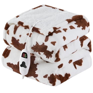 PMONPA Cow Heated Electric Blanket for Adult, Flannel & Sherpa Heating Blanket with 10 Heat Levels, 1/2/4/8 Hours Auto-Off, 51"x 61", Cow Print Brown