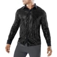 thumbnail image 2 of Mens Sparkly Sequin Shirt 70s Costumes Button Front Shirt Party Sheer Mesh Long Sleeve Shirt Tops (Black,L), 2 of 5