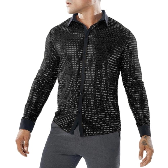 YLSDY Men's Sequin Mesh Long Sleeve Shirt, Disco Party Sparkle Design, Button-Down Performance Top Black S