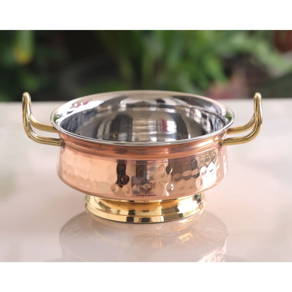 Indian Art Villa Handcrafted Steel Copper Hammered Mughlai Handi with Brass Handle and Bottom, Tableware - 12 oz