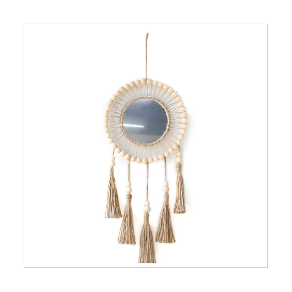 Wall Mirror Hanging Wall Mirror with Wood Beads Fringe Handmade Round Decoration Boho Antique Mirror