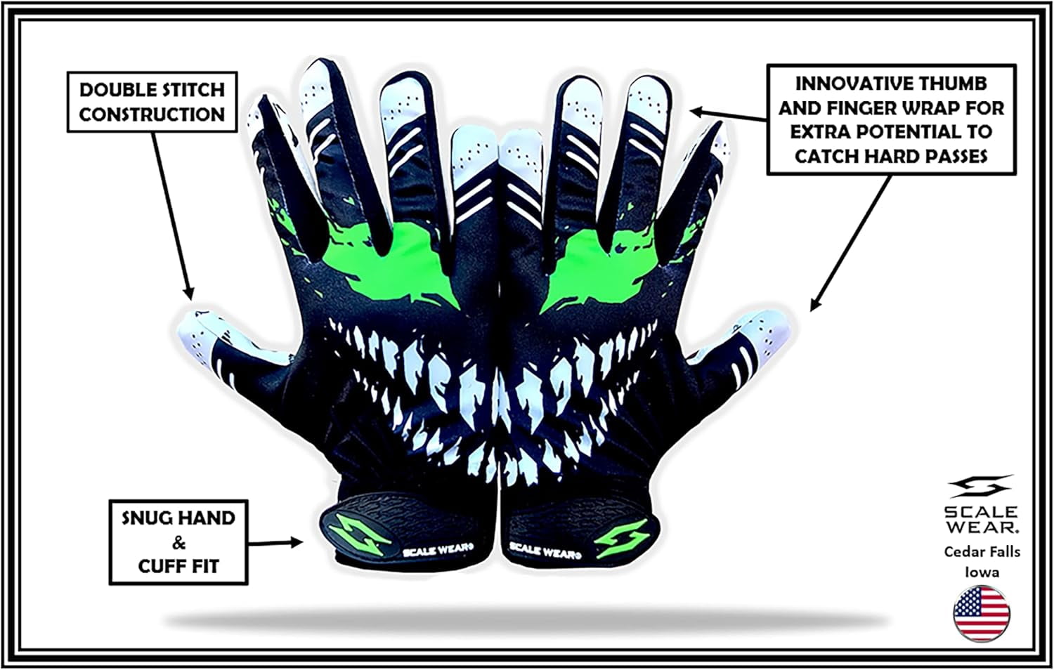 Scale Wear Design Toxic Venom Football Receiver Gloves - Tacky Sticky Grip Skin Tight Adult Pro Elite Super Performance Youth Man Boy Men Sizes (Black-Green, Youth - S)