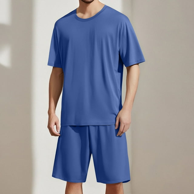 Men's Pajama Set Solid Color Short Sleeve Pullover Casual Loungewear for Relaxation and Home Use