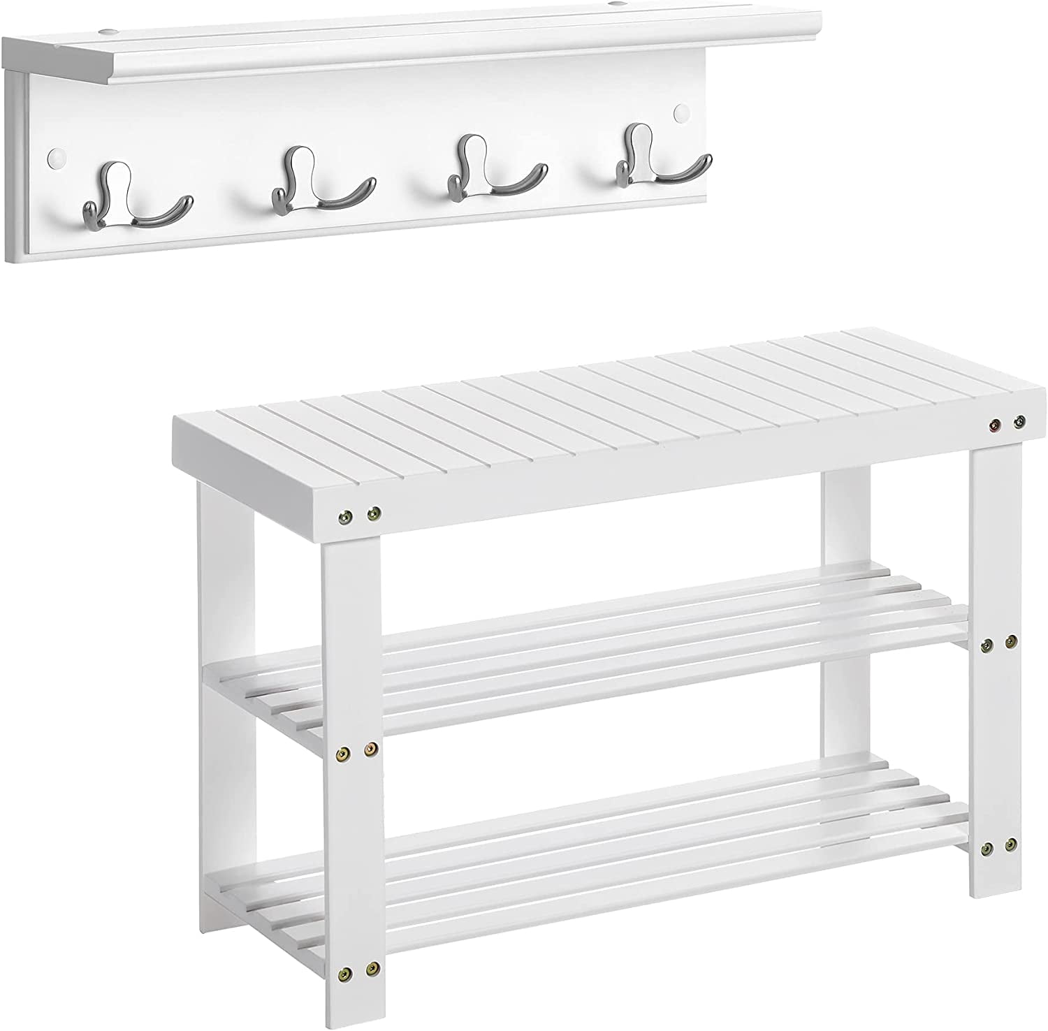 SHMAMT Shoe Bench Bundle with Coat Rack, 3Tier Bamboo Shoe Rack, Wall