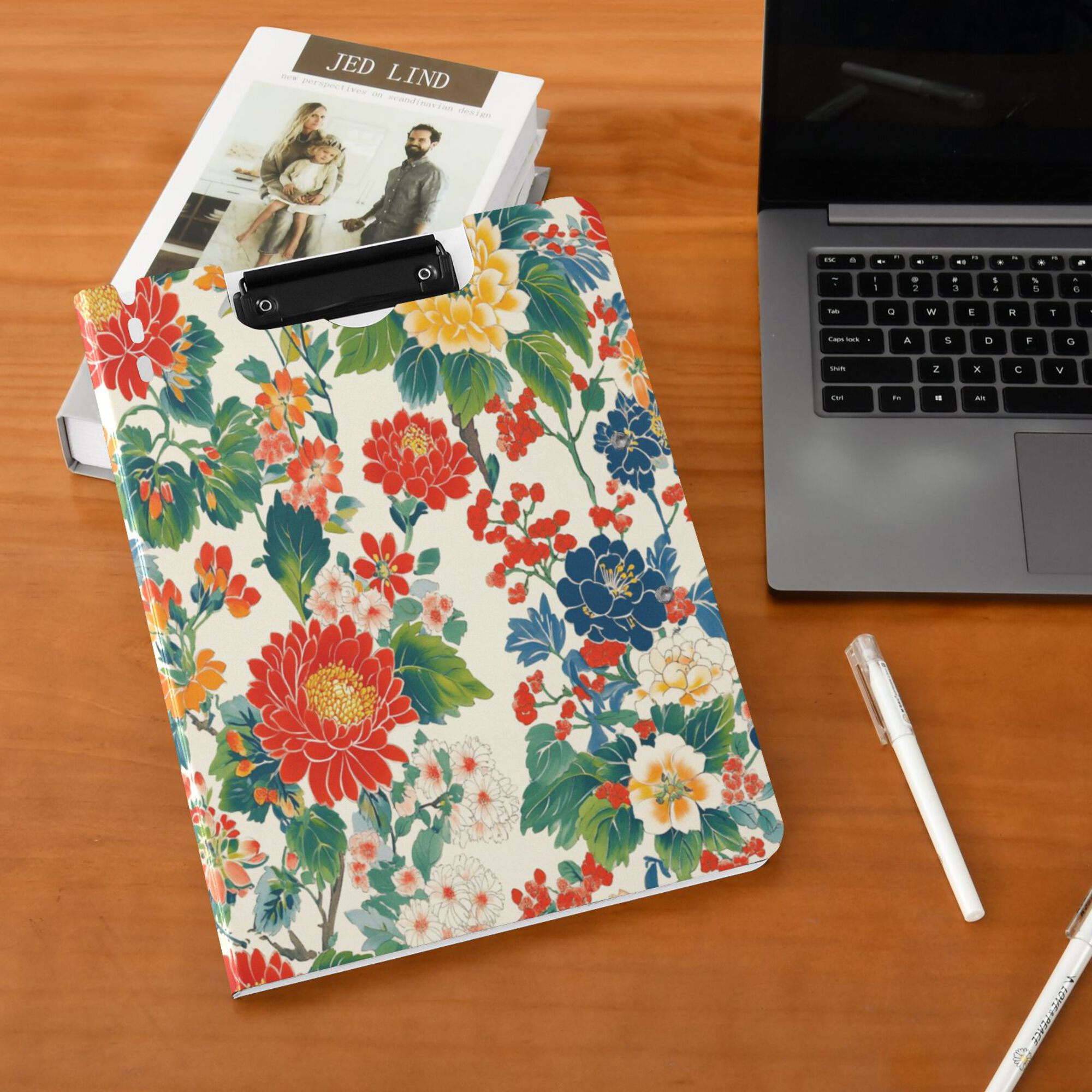 FORMRS A4 Clipboard Folder with Pen Holder Horizontal Foldable School Office Binder, Colorful Flowers Pattern