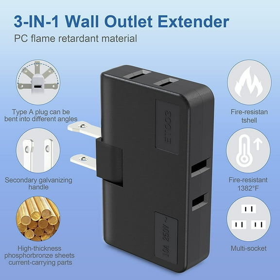 JUNCHI-3-Way Flat Wall Outlet Extender & Splitter, 2-Prong Swivel Mini Plug - Safe AC Adapter for Home/Travel, Type A Black (2 Pack)