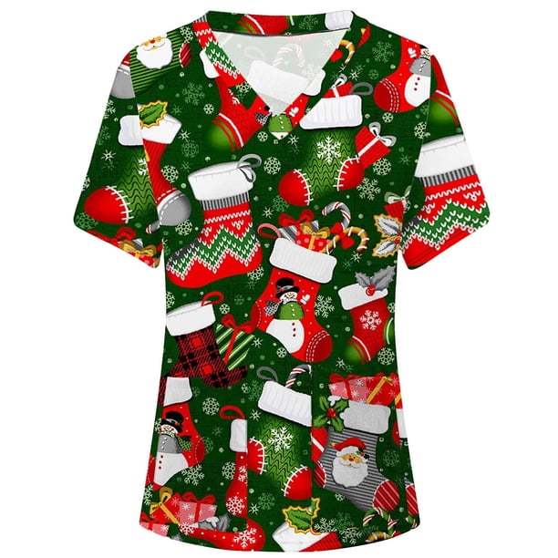 Pntutb Blusa de manga corta con cuello en V para mujer, uniforme con bolsillos estampados de Navidad Pntutb Pntutb-1301