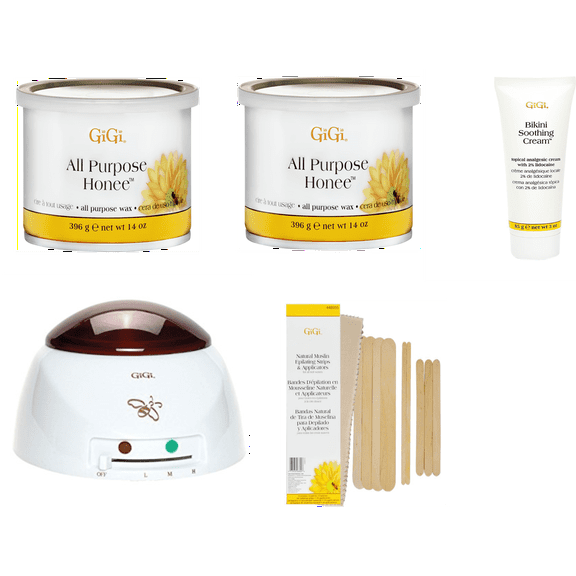 Gigi Professional Hair Waxing Kit, Includes Wax Warmer with TWO 14 Oz. Natural All Purpose Honee Wax Containers, and Natural Muslin & Spatula Combo with BONUS Free Bikini Soothing Cream