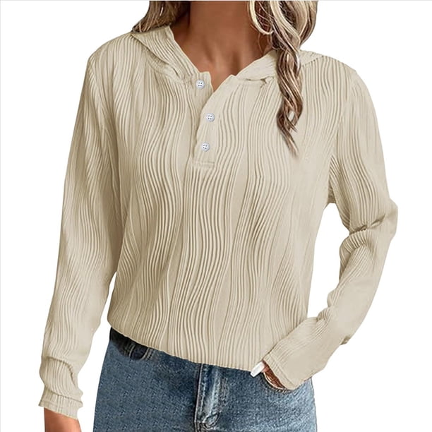 Sudadera con Capucha para Mujer, Informal, Holgada, de Larga, con Cuello en V y Botones, para Otoño. Albaricoque L