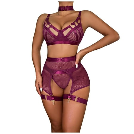 

Odeerbi Garter Set Lingerie for Women Sexy Babydoll Underwear Mesh Perspective Hollow Out Sleepwear Intimates Purple