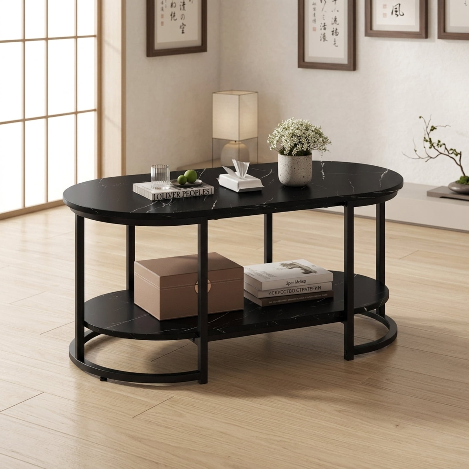 Furnibear 2-Tier Faux Marble Coffee Table with Open Storage Shelf and Powder-Coated Metal Frame for Living Room and Reception Room, Black