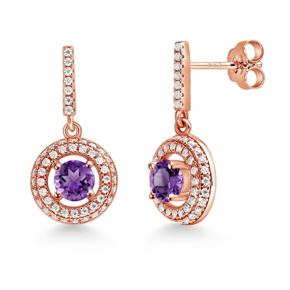Gem Stone King 18K Rose Gold Plated Silver Dangle Earrings Amethyst Moissanite (1.46 Cttw)