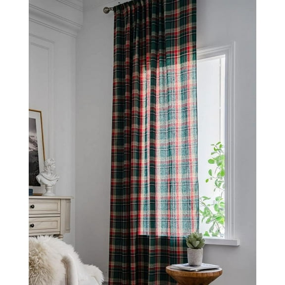 Nvzi Christmas Tartan Plaid Curtain Panel Farmhouse Cotton Check Rod Pocket(Green, 55"x102")