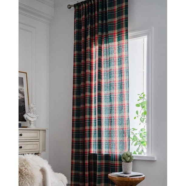 Nvzi Christmas Tartan Plaid Curtain Panel Farmhouse Cotton Check Rod Pocket(Green, 55x85)