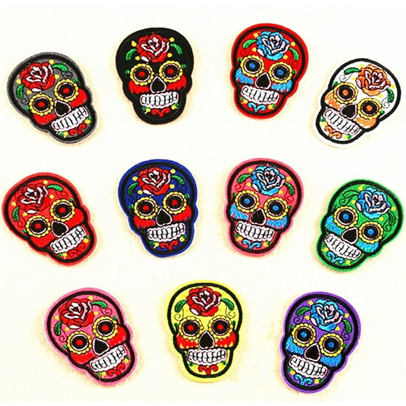 11pcs Rose Skull DIY Flower Embroidered Fabric Head Skeleton with Iron Emblem Applique Patch (Mixed Color)