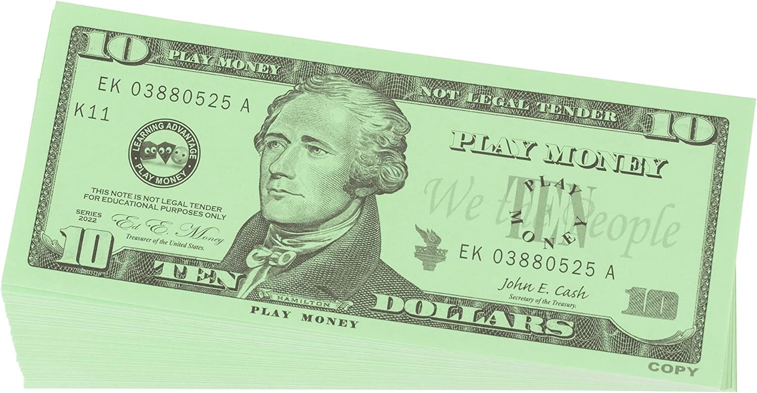 LEARNING ADVANTAGE Ten Dollar Play Bills - Set of 100 $10 Paper Bills - Designed and Sized Like Real US Currency - Teach Currency, Counting and Math with Play Money