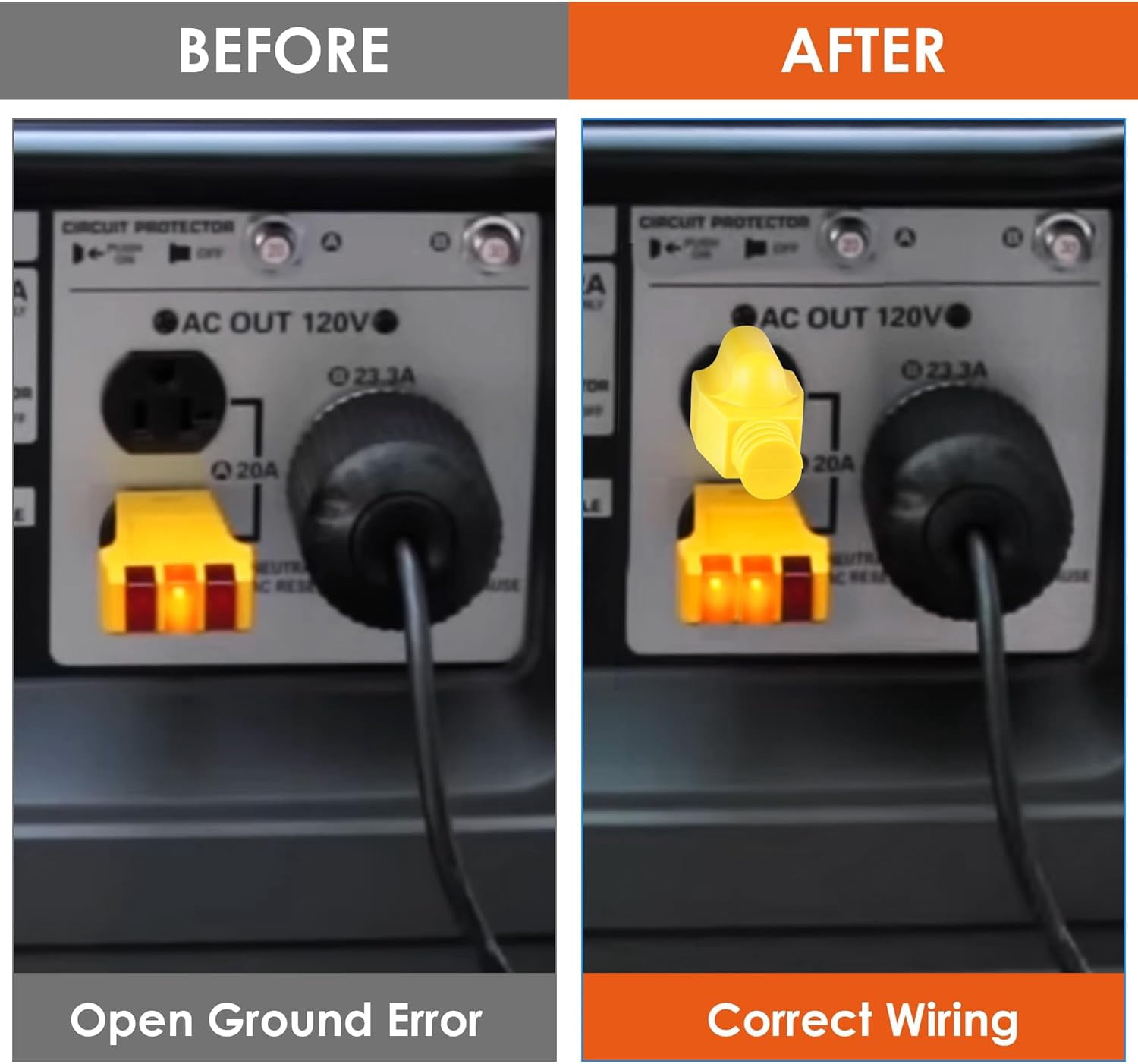 Neutral Ground Bonding Plug for Portable Inverter Generator, Grounding Plug Surge Protector Generator with Floating Neutral on RV, Motorhome, Camper for Open Ground Error(Yellow,1 Pack)