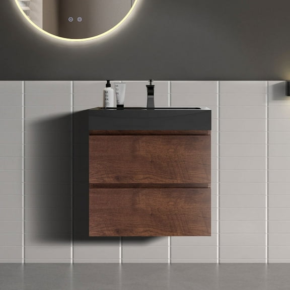 CITTANEO 24 Inch Floating Bathroom Vanity with Black Sink, Modern Bathroom Cabinet in Walnut
