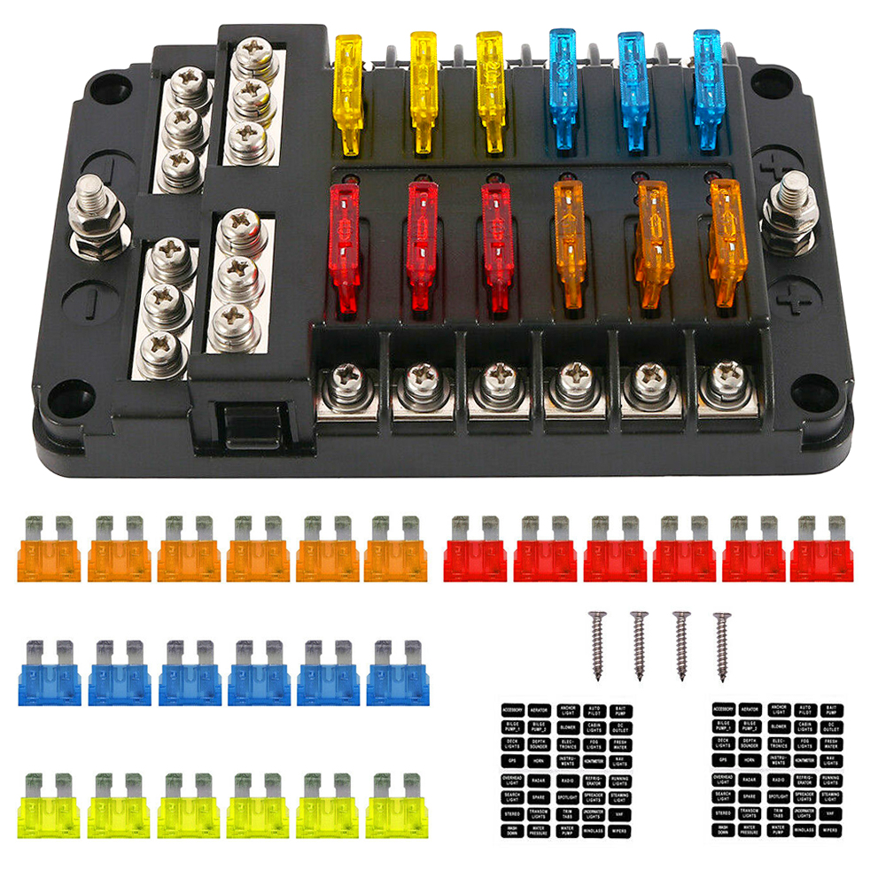 12 Way 12V Blade Fuse Block,12 Circuit ATC/ATO Fuse Box Holder with LED  Indicator Waterpoof Cover for 12V Automotive Truck Boat Marine RV Van  Vehicle with 24 pcs Fuse