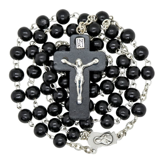Traditional Black Wood Rosary Beads with Madonna and Child Centerpiece