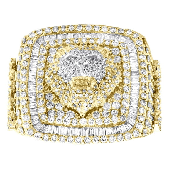 10K Yellow Gold Round & Baguette Diamond Square Lion Head 23mm Pinky Ring 4.5 CT