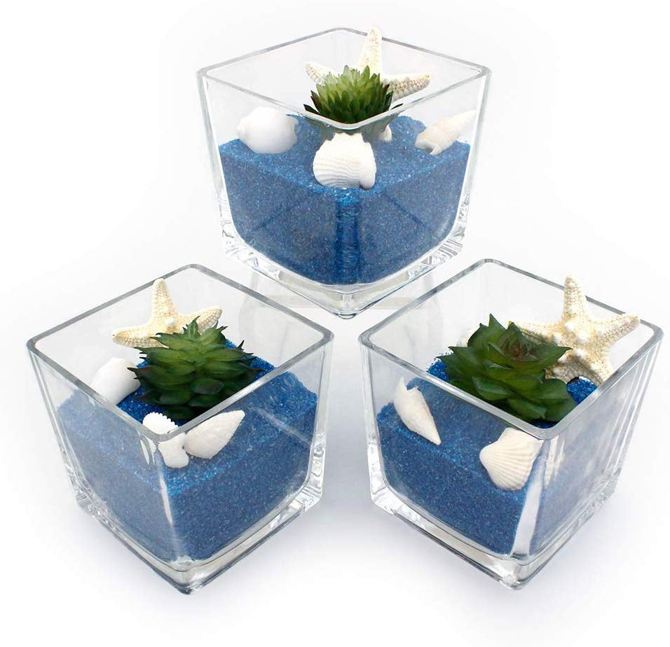 Set of 2 Ocean Themed Fake Succulent Teal Potted Planters 