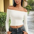 thumbnail image 2 of Crop Tops for Women Off The Shoulder Long Sleeve T Shirts Slim Fit Stretch Soft Base Tee Going Out Club Outfits (L, White), 2 of 6