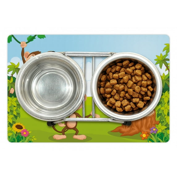 Nursery Pet Mat for Food and Water, 3 Monkeys Playing in a Tropical Forest Banana Africa Safari Nature, Non-Slip Rubber Mat for Dogs and Cats, 18" X 12", by Ambesonne