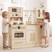 OLAKIDS Kids Kitchen Playset, Wooden Pretend Play Kitchen with Realistic Light Sound 14 Accessories, Toddler Cooking Toy for Boys Girls Aged 3+