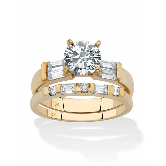 PalmBeach Jewelry Round and Baguette Cubic Zirconia 2-Piece Wedding Ring Set 2.34 TCW in Solid 10k Yellow Gold