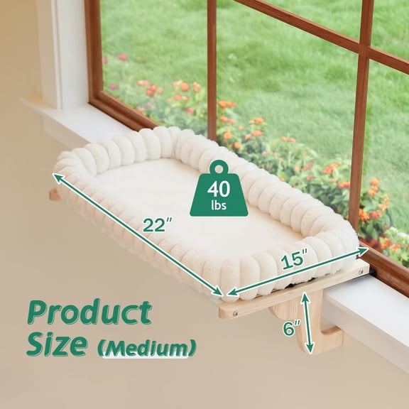 Medium Natural Wood & White Orthopedic Cat Window Perch – 4-Sided Bolster Hammock, Solid Hardwood/Metal Frame for Pet Window Sill