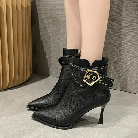 

KEUSN Fashion Women Solid Color Winter Keep Warm High Heels Buckle Strap Short Booties Pointed Toe Shoes