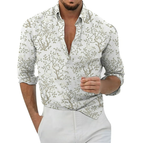 White Van Heusen Dress Shirts for Men, Long Sleeve Mens Big And Tall Dress Shirts, Casual Men's Loose Lapel Geometric Print Cuffs Button Port Style Floral Shirt Beach Hawaiianss Summer Top