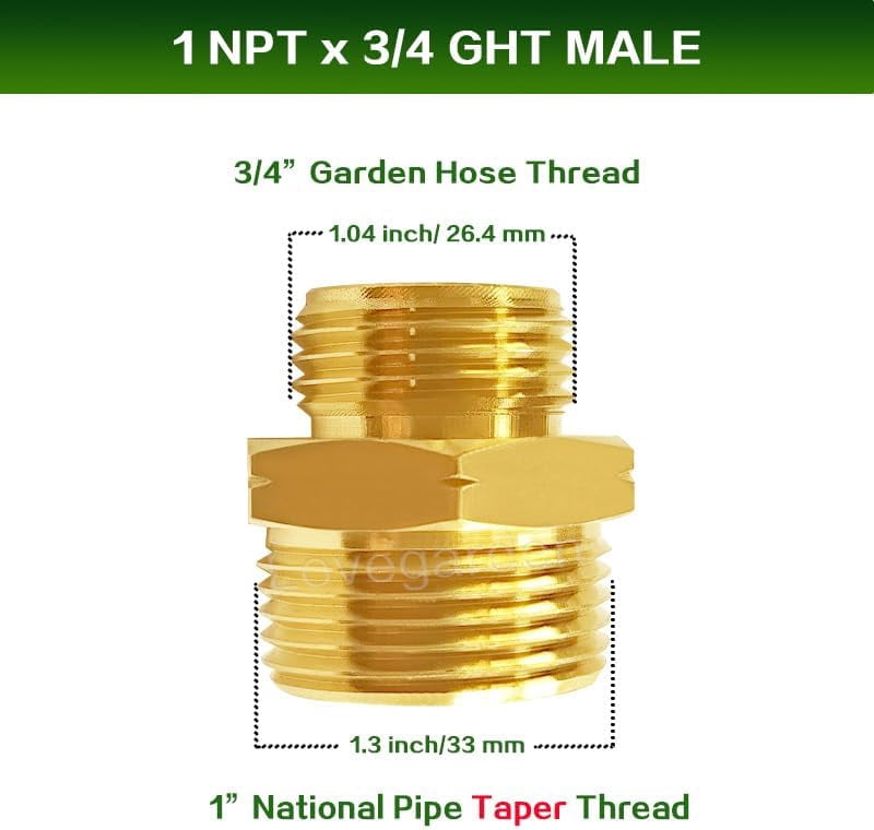 MKEUDQ-1-1/2\u201d NPT x 3/4\u201d GHT Male Connector, Brass Garden Hose Adapter to Industrial, Kitchen, Irrigation, Shower, RV Outdoor Water Supply Line Pipe Fitting