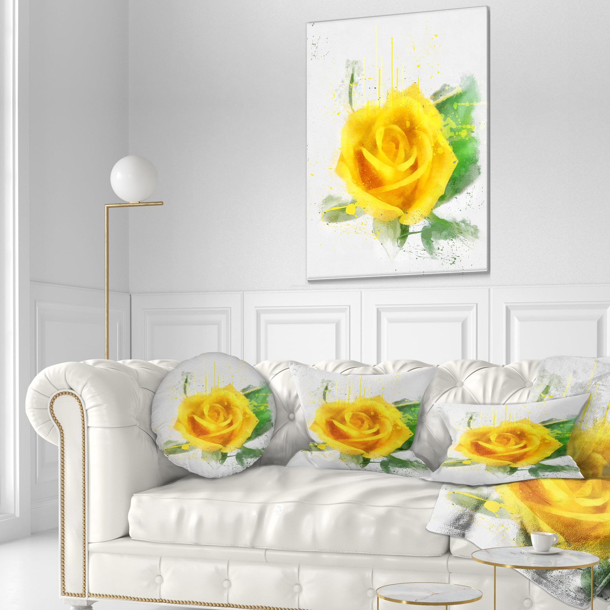 Designart Yellow Rose with Green Leaves Sketch - Floral Throw Pillow - 12x20