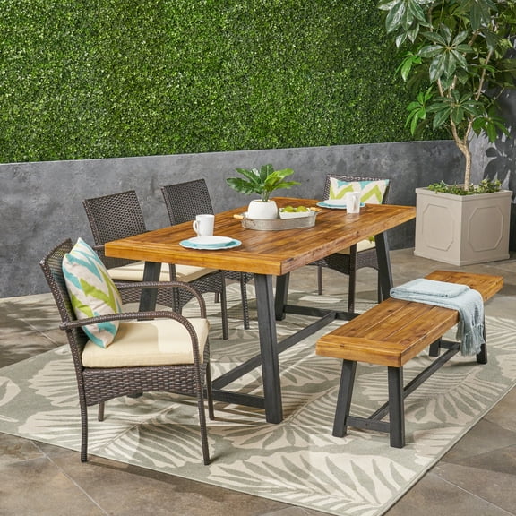 Leslie Outdoor 6 Piece Dining Set with Stacking Wicker Chairs and Bench, Sandlblast Teak, Multi Brown, Cream