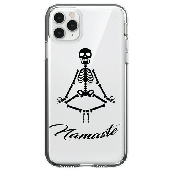 DistinctInk Clear Shockproof Hybrid Case for iPhone 12 MINI (5.4" Screen) - TPU Bumper, Acrylic Back, Tempered Glass Screen Protector - Namaste Yoga Skeleton