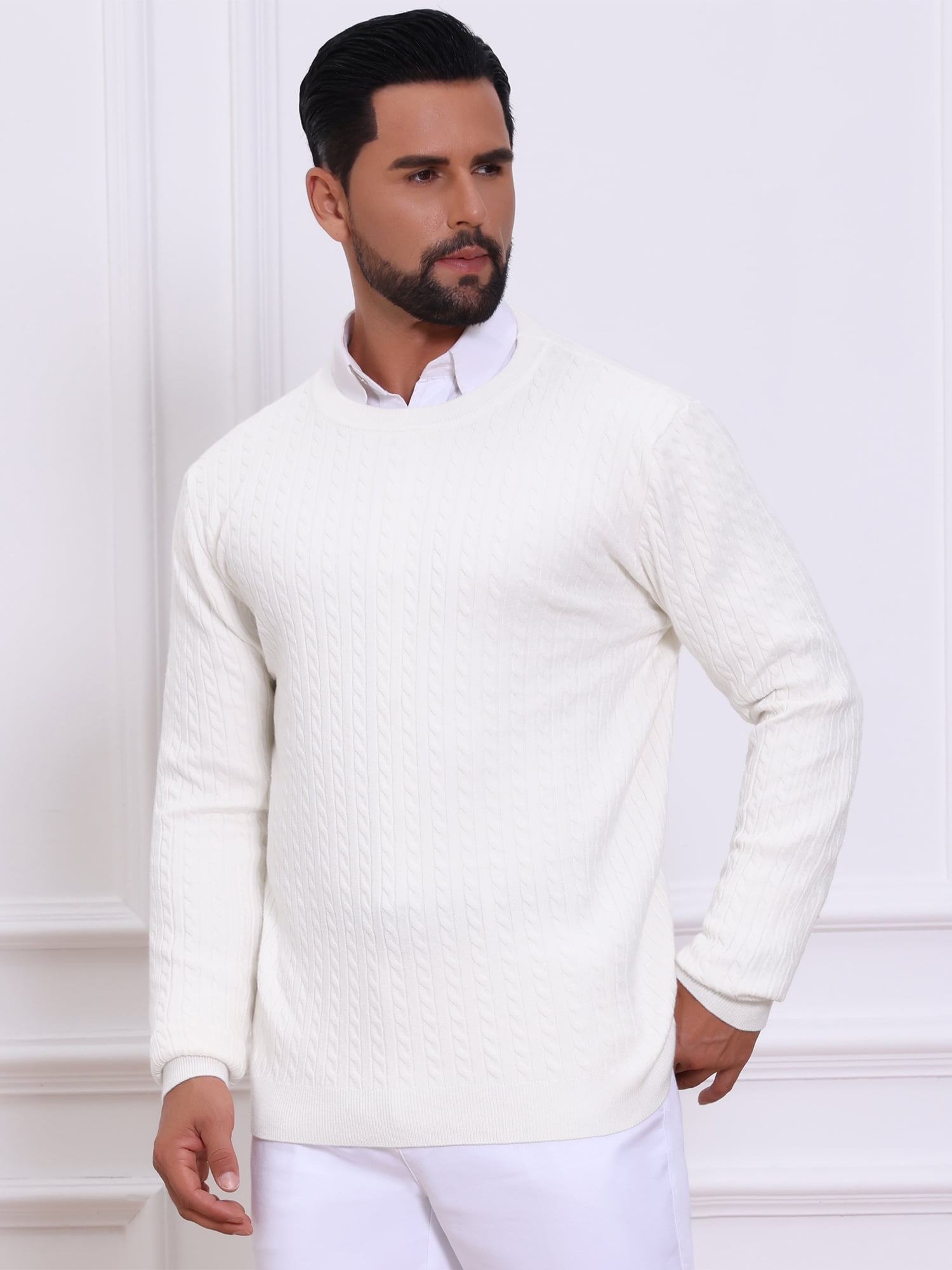 DARING DIVA Men's Crew Neck Long Sleeve Soft Cable Knit Pullover Sweater M White