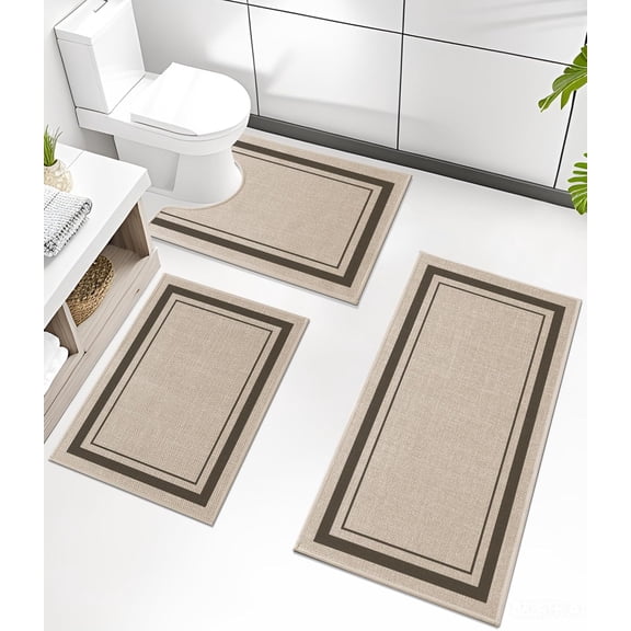Bathroom Rug Sets 3 Piece, Ultra Thin Bath Mat Quick Dry Bath Mat Set, Absorbent Bath Mat for Bathroom Non Slip Machine Washable, (Light Beige, 3 Piece)