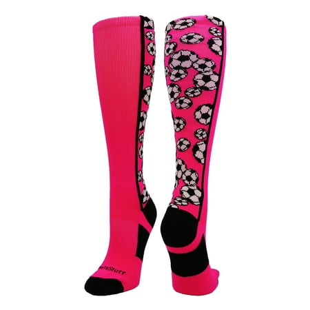 Black Custom Calf Accessories - Crazy Soccer Socks with Soccer Balls over the calf (Neon Pink/Black, Medium) - Neon Pink/Black,Medium