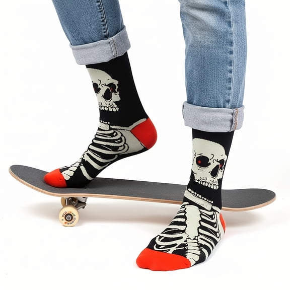 1 Pair of Men's and Women's Trendy Mid-Calf Socks • Four Seasons Style • Skeleton Print Couple Socks • Sports Outdoor Running Socks