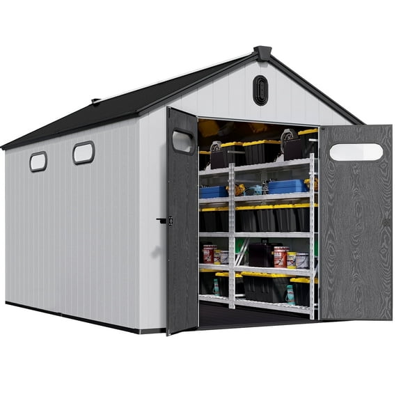 Chery Industrial 8 x 12 FT Resin Storage Shed, Plastic Garden Tool Sheds with Floor